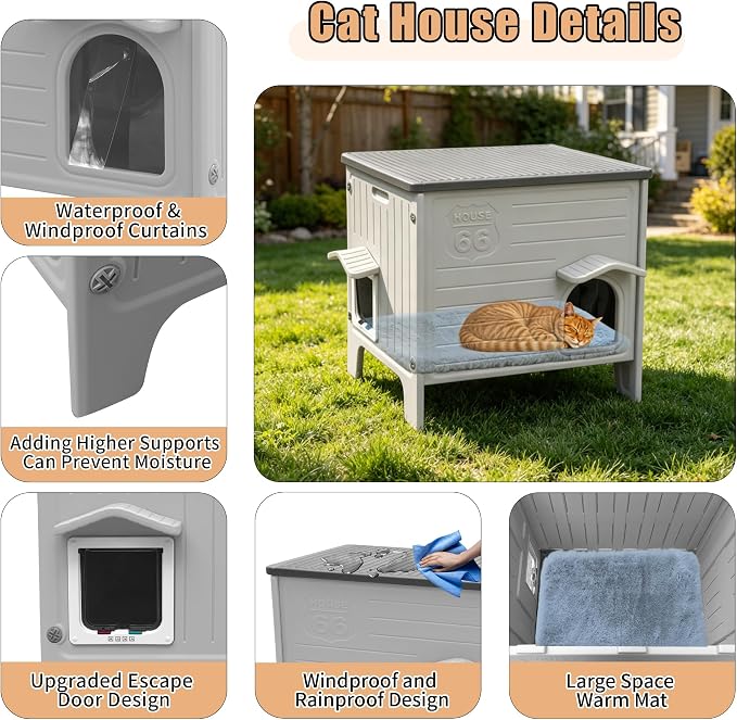 Plastic Cat House Outdoor with Soft Mat - Feral Cat Houses | with Escape Door, Waterproof Outdoor Cat House for Feral Cats, Outside Cat Shelter,Assemble Easily