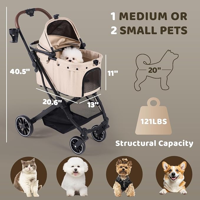 Dog Stroller for Small to Medium Dogs with Detachable Carrier, Beige | 3-in-1 Pet Stroller, Dual-layer UV-Resistant Waterproof Canopy with Breathable Mesh, All-Terrain PU Wheels with Suspension