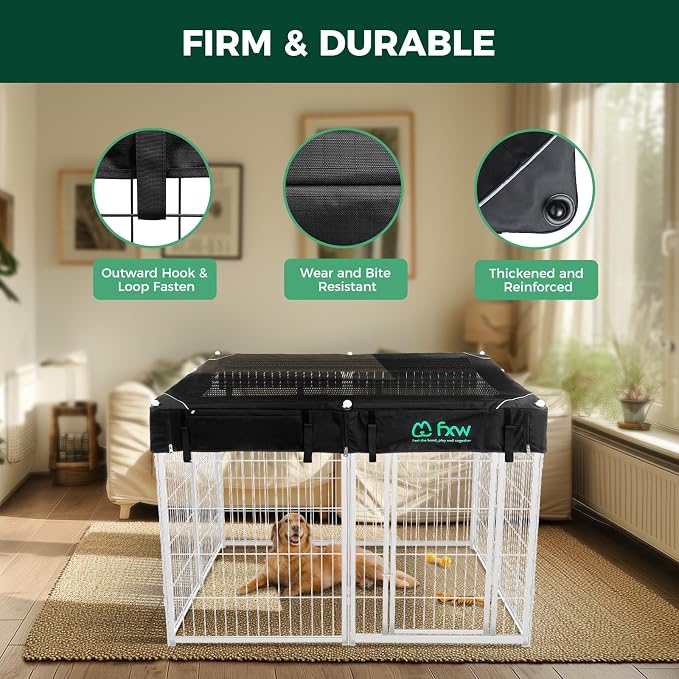 FXW Homeplus Indoor Dog Playpen with Mesh Top Cover, 40" H, 8 Panels | Calm Indoor Play Area, Cover Helps Deter Jump-Outs, for Medium & Large Dogs, Patented
