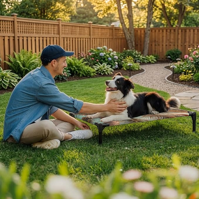 Outdoor Elevated Dog Bed for Large Dogs, Summer Palm Tree Breathable Cooling Raised Dog Cot for Indoor/Outdoor, Tropical Plants Botanical Trees Waterproof Elevated Pet Beds, L 28 x 22 in