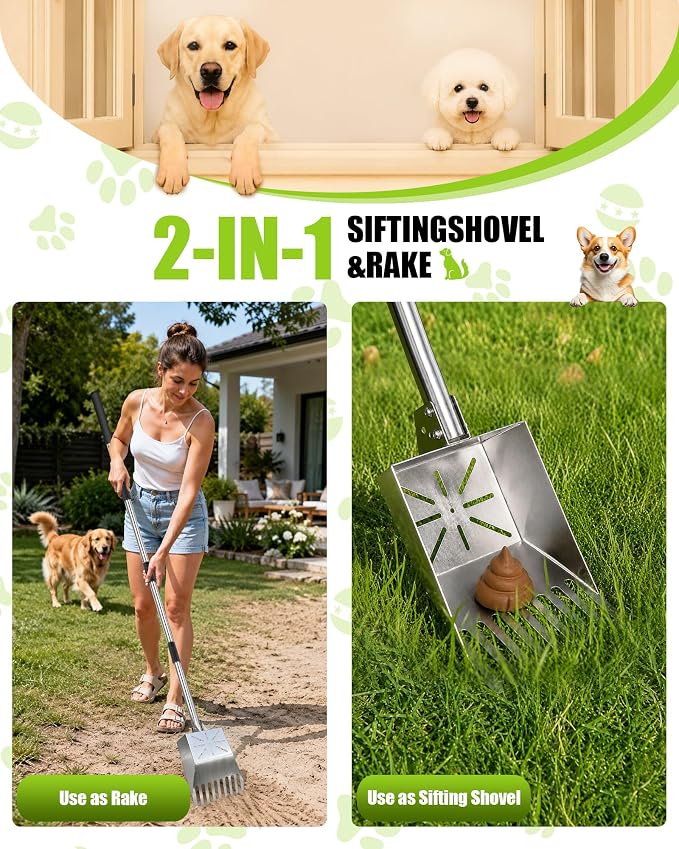 71" Stainless Steel Pooper Scooper, 3-Adjustable Angle Dog Shovel & Rake | Heavy Duty Metal Poop Scoop for Large Dogs with Adjustable Long Handle Outdoor Yard Pet Waste Removal Shovel