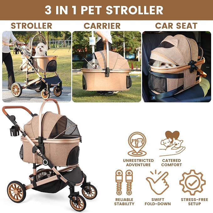 Bicystar Dog Stroller with Detachable Carrier, Rubber Wheels, 50 lbs, Tan | 3-in-1 stroller and car seat, real solid rubber wheels, fits 2 small or 1 medium pet, foldable frame