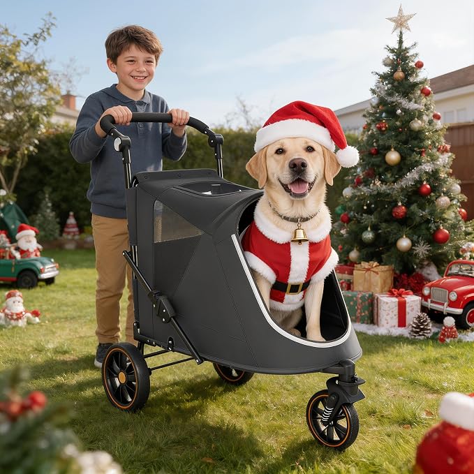 MoNiBloom Pet Stroller for Large Dogs or Dogs Cats up to 55 lbs, Black | with Adjustable Handle, 3-Wheels Dual Entry Portable Dog Carting Easy Folding Pet Wagon Double Multiple Dog Stroller