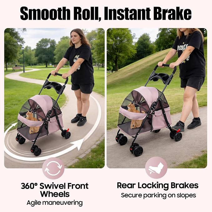 Pet Stroller for Small Medium Dogs Cats, Lightweight Foldable Pet Wagon with 360° Front Wheels & Brake, 40 lbs Capacity Carrier for Park Travel Shopping, Breathable Mesh Basket (Pale Pinkish Grey)