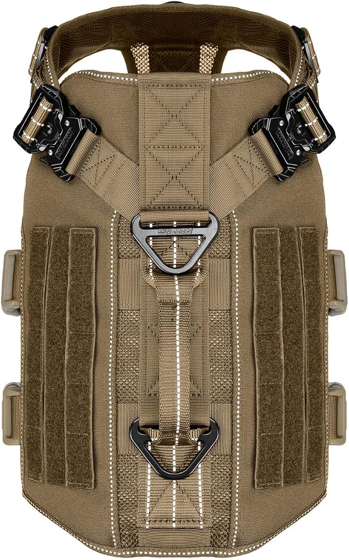 ICEFANG Tactical Mesh Dog Harness for Medium Dogs,Reflective Dog Molle Vest | Summer-Cooling, Control Handle,Adjustable,Front Hook,3 Leash Clips,Soft Padded,No Pull,Brown,Medium