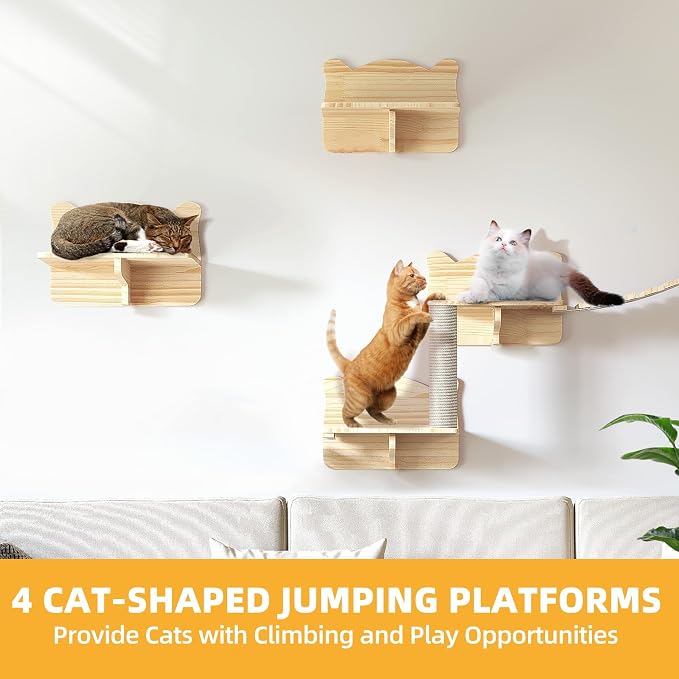16-in-1 Cat Shelves for Wall, Cat Wall Furniture w/Tunnel & Bridge | Multi-Level Floating Cat Shelves for Space Saving, Solid Wood Cat Climbing System with Scratching Posts, 2 Condos, Burlywood