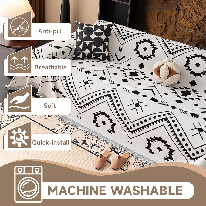 VClife Southwestern Tribal Sofa Cover Bohemian Black White Aztec Geometric Pattern Couch Cover Furniture Protector with Tassel Fringe 3-Seater Couch Cushion Cover 71" X 134"