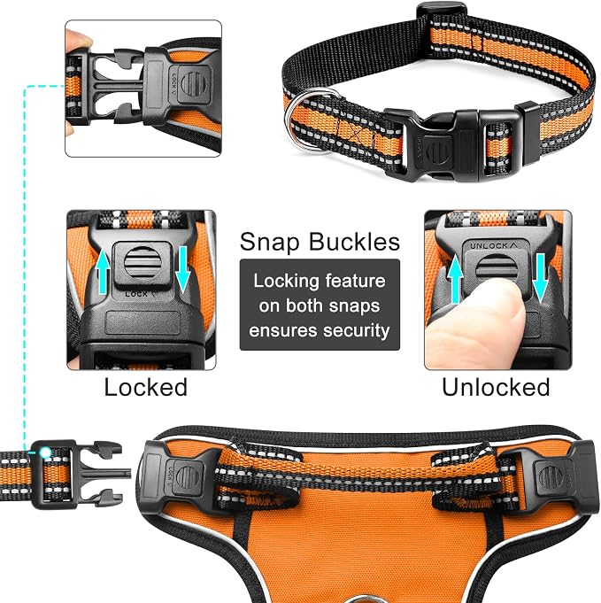 Dog Harness No Pull, Pet Harnesses with Dog Collar, Adjustable Reflective Oxford Outdoor Vest, Front/Back Leash Clips for Small, Medium, Large, Extra Large Dogs, Easy Control Handle for Walking