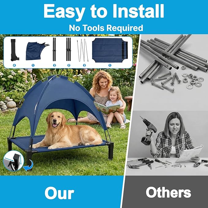 Elevated Dog Bed with Canopy, 42in Raised Pet Cot Large Sized Dog | Outdoor Dog Bed, Removable Sun Shade, Orthopedic, For Medium/Large Dogs up to 70lbs, Breathable Mesh,Camping Beach Backyard