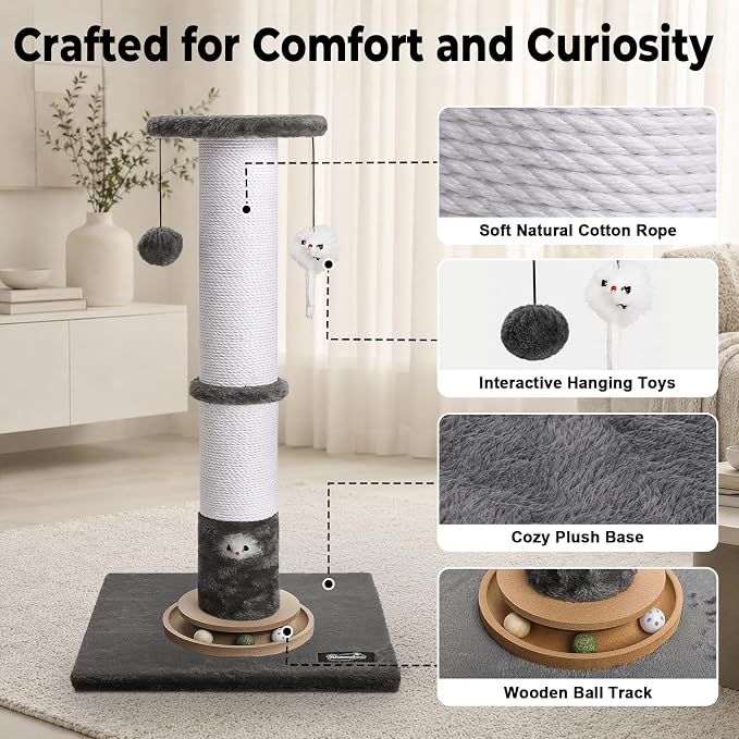 35-Inch Tall Cat Scratching Post, Stable Base for Large Cats, Gray | Heavy-duty, soft natural cotton rope cat scratcher, interactive cat toys, wooden ball track, for kittens and indoor cats