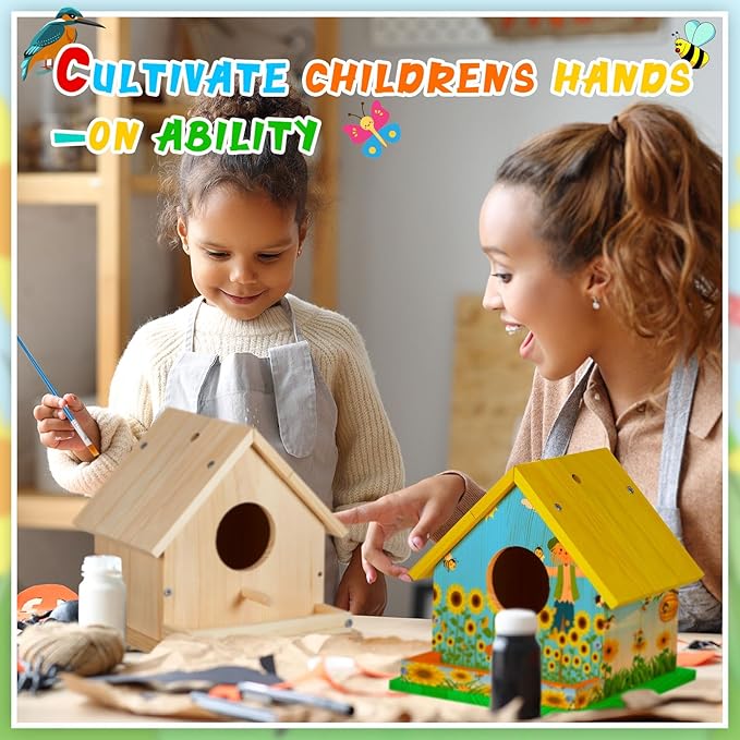 Liliful 24 Sets Wooden DIY Birdhouse Kit Unfinished Bird Houses with Paints and Paintbrushes Bird Feeder Craft Arts for Boy or Girl Classroom Activity and Christmas Kids Wooden Craft Gifts