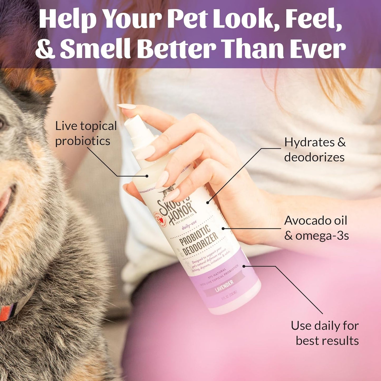 SKOUT'S HONOR Probiotic Pet Deodorizer Spray- Hydrating Daily-Use with Avocado Oil & Omega-3s, Microbiome Friendly Certiified, Paraben & Sulfate-Free, 97% Natural, 8oz, Lavender