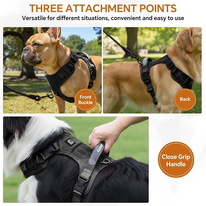 Heavy Duty Tactical Dog Harness, No Pull Dog Vest Harness with Handle & Front Clip, Reflective Soft Padded, Hook and Loop Panel, Dog Vest for Walking, Service Training, Black, Large