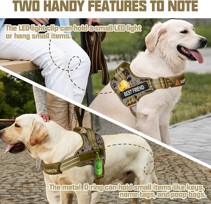 AUROTH Dog Harness and Leash Set for Large Sized Dog, No Pull Dog Vest | with Leash Clips, LED light clip, Soft Padded No Choke, Escape Proof, Easy Walking and Training, Desert Camo, XL