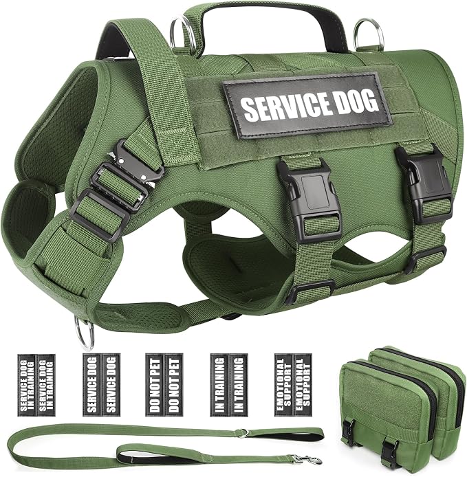 Tactical Dog Harness with Dog Leash, Service Working MOLLE Vest with 10 Pet Patches for Dog, No Pull Military Harness and Backpack for Training Hunting Walking
