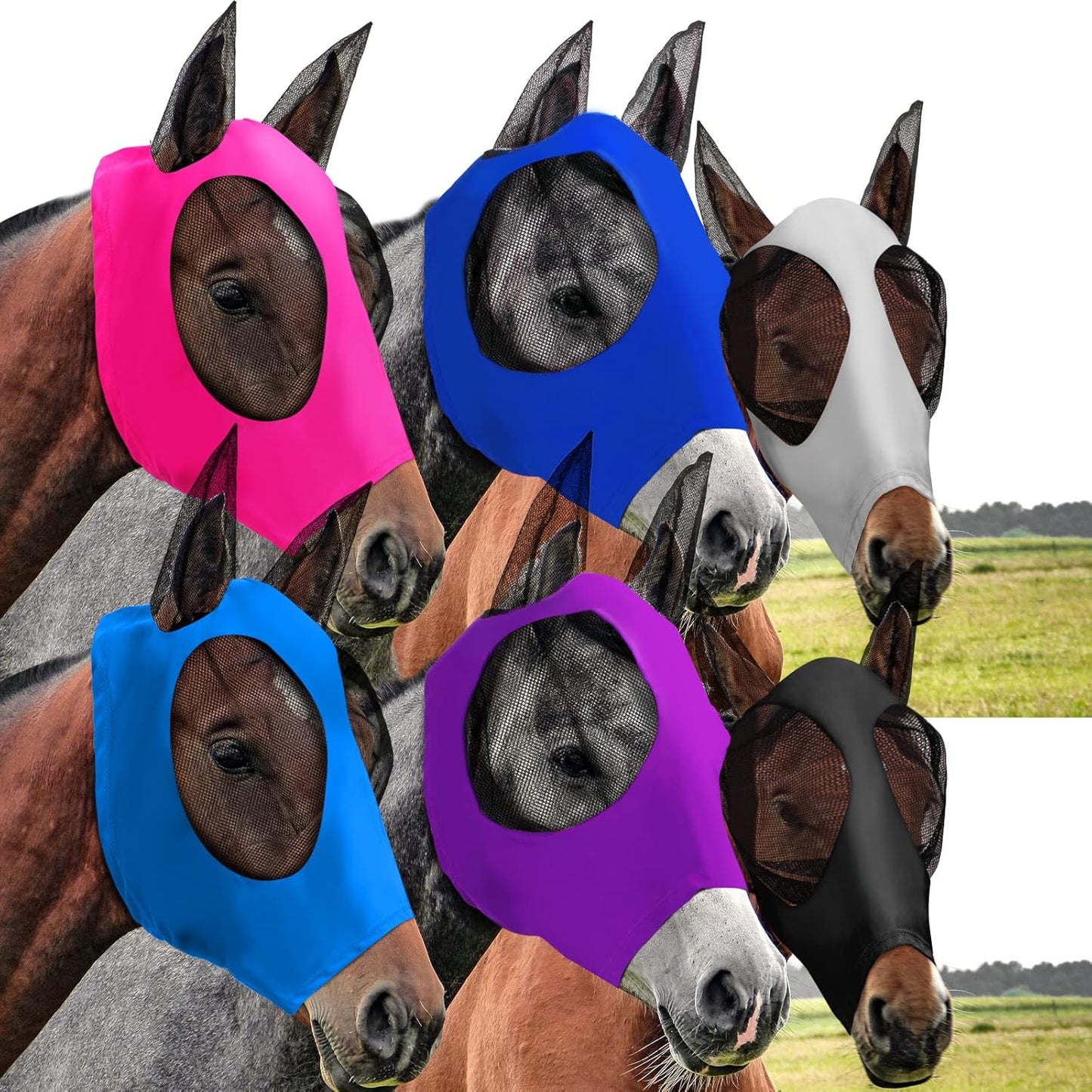 Sadnyy 6 Pcs Horse Fly Masks with Ears Comfort Breathable Mesh Fly Masks Net UV Protection Large Eye Space Full Face Covering Elasticity Soft for Horses(Large)