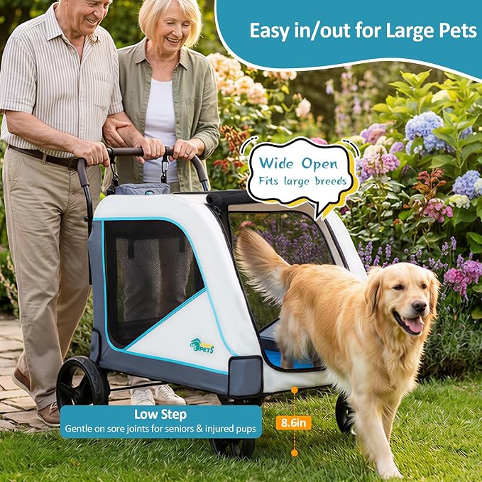 Ownpets Extra Large Dog Stroller for Large Breeds, 154 lbs Capacity, Black | Low 12" entry, one-click fold, all-terrain rubber wheels, spacious 38"x28" cabin, waterproof, safety tether
