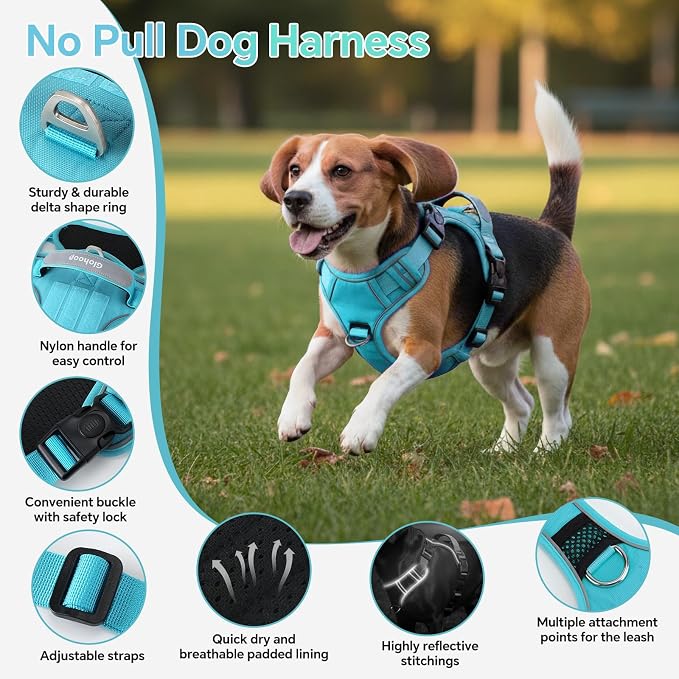 Heavy Duty Tactical Dog Harness for Medium Dogs, No Pull Dog Harness with Handle & Front Clip, Reflective Soft Padded, Hook and Loop Panel, Dog Vest for Walking, Service Training, Blue