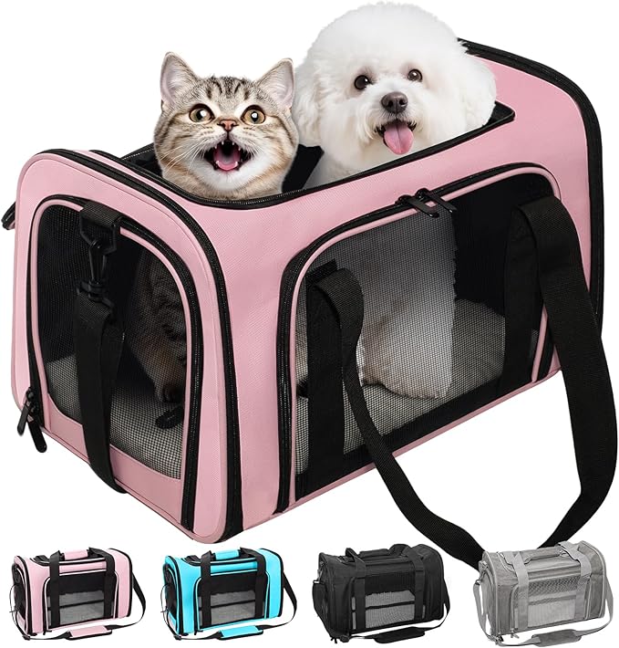 Soft-Sided Cat Carrier Expandable Pet Carrier Airline Approved Mesh Travel Carrier Up to 22lbs for Cats Small Dogs Collapsible Escape-Proof with Shoulder Strap Washer (20x13x13 Pink)