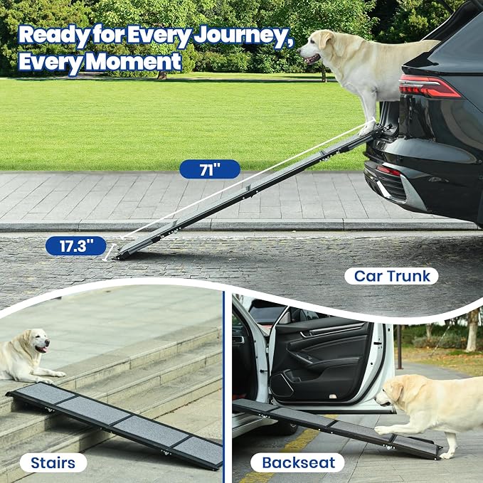 Dog Ramp for Car, Pawlify 71" x 17.3" Dog Ramps for Large Dogs with Anti-Pinch Handle and Anti-Slip Rug Surface, Folding Dog Ramp Up to 250LBS, Portable Dogs Car Ramp for SUV, Trucks