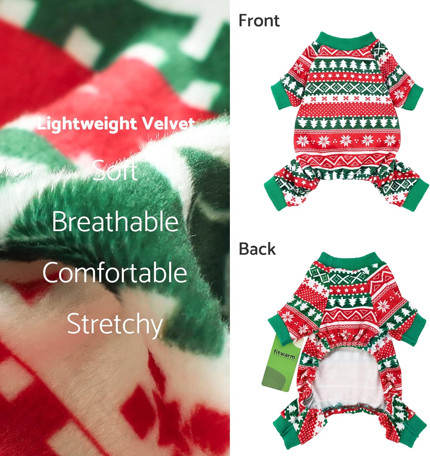 Fitwarm Dog Christmas Outfit, Holiday Pet Clothes for Small Dogs Boy Girl, Festive Pajamas with Feet, Puppy Onesie, Red, Green, XS