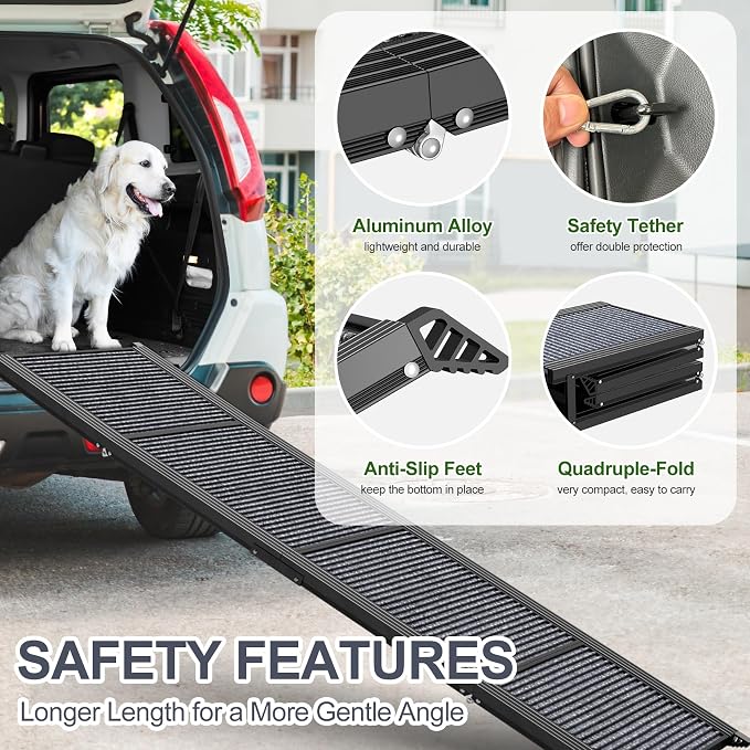 Upgraded Dog Ramp for Car 71" X-Long & 20" Wider Folding Dog Ramps for Large Dogs with Non-Slip Rug Surface Portable Dog Car Ramp for SUV Car & Truck, Outdoor Dog Ramp Up to 270 LBS