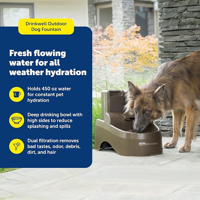 PetSafe Drinkwell Outdoor Dog Water Fountain, 2 Reservoirs, 450 oz, Taupe | Falling Stream Encourages Drinking, Replaceable Carbon Filter, UV-Resistant, Deep-Sided Drinking Bowl to Reduce Spills