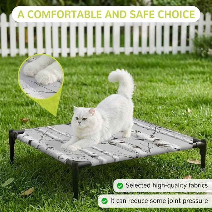 Outdoor Elevated Dog Bed for Small Dogs, White Branch Breathable Cooling Raised Dog Cot for Indoor/Outdoor, Natural Tree Forest Country Mottled Trunk Plants Waterproof Elevated Pet Beds, S 20 x 20 in