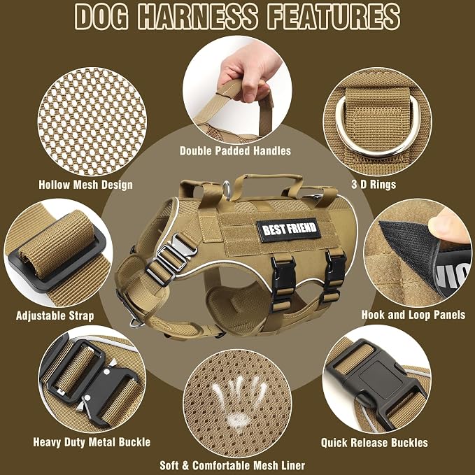 Air Mesh Tactical Dog Harness with Metal Buckles&MOLLE,Brown XL | Breathable Adjustable No Pull Service Dog Vest with 3 Padded Handles,Military Dog Harness for Training Hiking Hunting Working