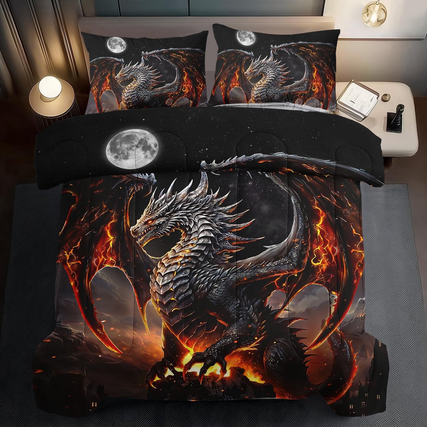Black Dragon Comforter Set Full Adult,Flame Dragon Bedding Set for Boys,Magical Beast Bedding Fantasy Animal Comforter Beedroom Decor,Magical Beast Quilt Bed Decor