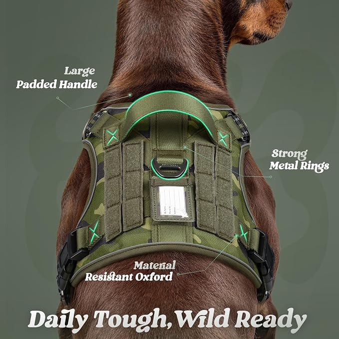 rabbitgoo Tactical Dog Harness for Large Dogs, No Pull Service Pet Vest | Military Molle System & Easy Control Handle, Adjustable and Reflective for Walking and Training, Green Camo, X-Large