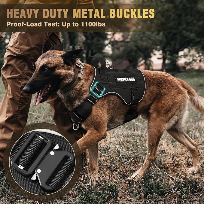 2X Metal Buckle Service Working MOLLE Dog Vest with 10 Pet Patches | Tactical Dog Harness for Large Dog, No-pull Military Working Vest for Training Hunting Walking，2x D Rings for Leash Clip