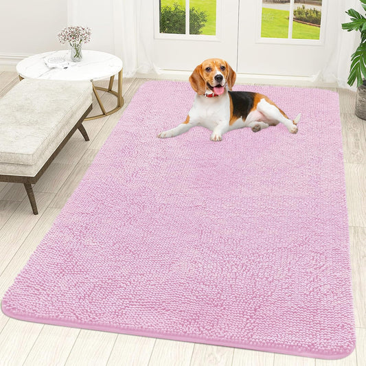 OLANLY Dog Door Mat for Muddy Paws 59x35, Absorbs Moisture and Dirt, Absorbent Non-Slip Washable Doormat, Quick Dry Chenille Mud Mat for Dogs, Entry Indoor Entryway Carpet for Inside Floor, Pink