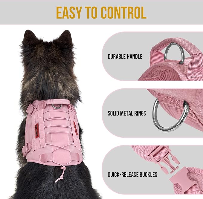 OneTigris Tactical Dog Harness Vest,No-Pull Service Dog Vest with Hook & Loop Panels,Adjustable Dog Vest Harness for Walking Hiking Training(Pink,XS)