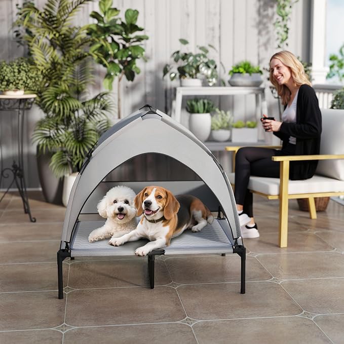 PawHut Elevated Dog Bed with Cooling Pad, 36" x 29.5" x 35", Light Gray | Raised Outdoor Pet Bed, Removable Canopy, Breathable Mesh, Storage Bag, Portable Pet Cot, for Indoor Outdoor Large Dogs