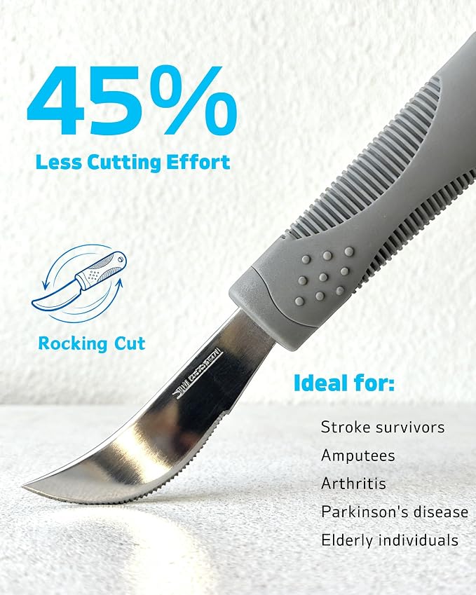 Adaptive Utensils 4-Piece Set | Weighted Silverware for Hand Tremors & Parkinson's | 42° Angled Rocker Knife & Shovel Spoon | 200g Weighted Utensils for Arthritis, Elderly (Grey,