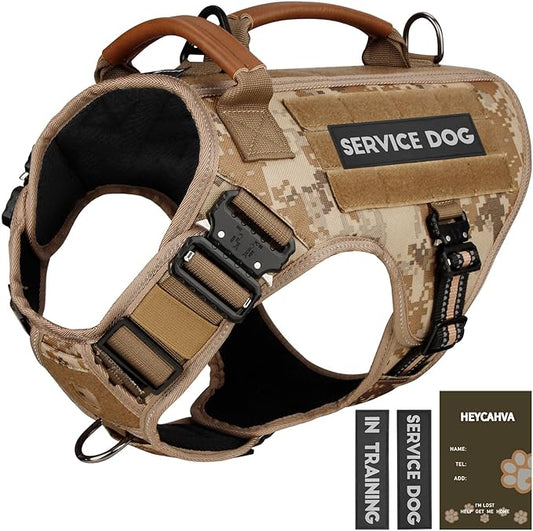 Tactical Dog Harness - HEYCAHVA Service Dog Vest Full Metal Buckles Dog Vest for Medium Large Dog Reflective No Pull Dog Harnesses with Leather Handle, Hook & Loop for Hiking Training (Desert Camo, M)