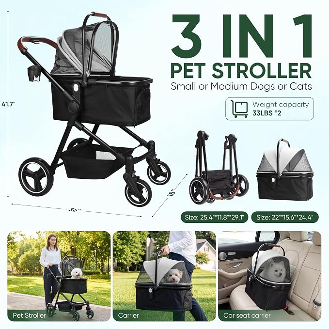 3-in-1 Foldable Pet Stroller for Dogs & Cats, 33lbs | All-terrain 7"/10" wheels | Compact storage | Storage basket | Breathable linen | Cup holder & rear brakes