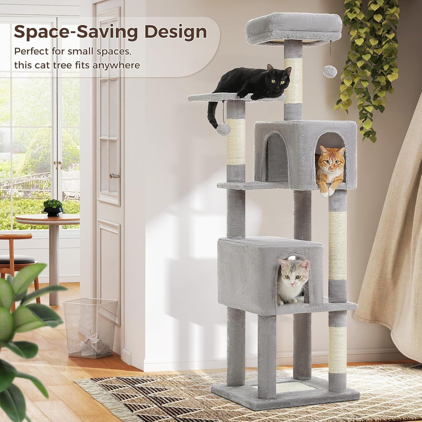 62-Inch Cat Tree for Indoor Cats, Large Cat Tower with Scratching Posts for Large Cats, 2 Bigger Plush Condos, Padded Platform, Soft Cat Bed and Scratching Pad, 2 Pompoms, Gray