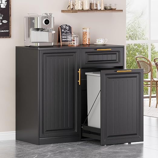 ZIFTY Pull Out Trash Can Cabinet with Storage, 13 Gallon Trash Can, Black | Pet Proof, Freestanding Kitchen Cabinet, Drawer & Adjustable Shelf, Garbage Recycling, Modern Farmhouse Waste Bin Furniture