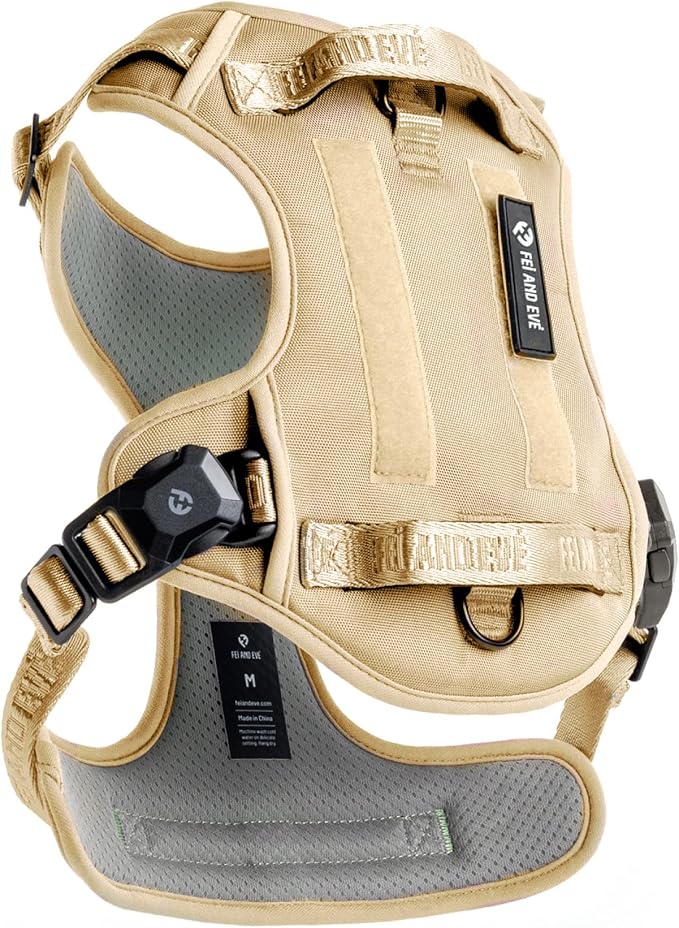 Fei & Eve Classic Dog Harness, MagEase Magnetic Buckle | 3-Point No-Pull Control, Dual Handle Support, 900D Nylon, Tactical Patch Panel, Heavy Duty, Small, Champagne