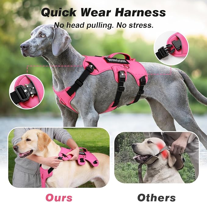 WINGOIN No Escape Dog Harness,Heavy Duty Harnesses for Large Dogs | Adjustable Pet Harness ,with Handle, Leash Front Clip Dog Vest ,for Walking Hiking, Hotpink M