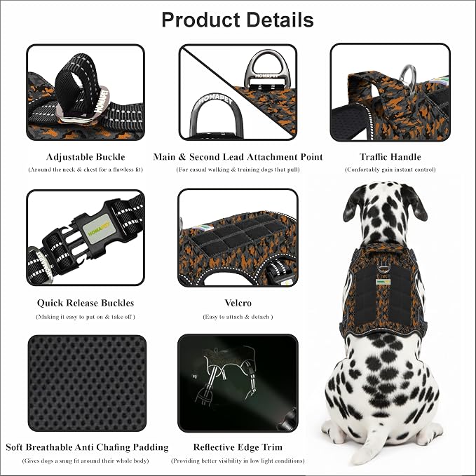 Homapet. Tactical Dog Harness with Dual Leash Attachment Points, Adjustable and Reflective Military Grade Dog Vest with Comfort Control Handle (ORNG BLK CAMO-XL)