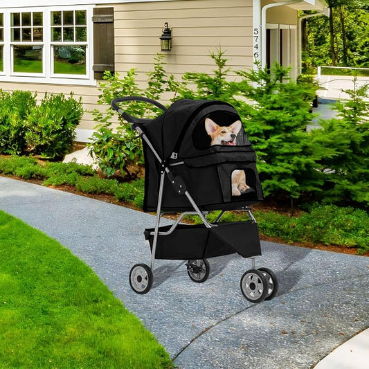 Pet Stroller for Small Medium Dogs & Cats,3-Wheel Breathable Compact Foldable Dog Carrier with Storage Basket, Outdoor Portable Lightweight Travel Stroller for Camping,Black