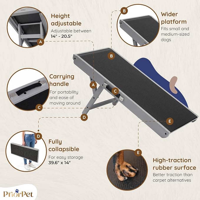Dog Ramp for Couch – Non-Slip, Sturdy Build Foldable Wooden Dog Ramp – Supports up to 200 lbs – 7 Adjustable Heights (14"–20.5") – Enhanced Stability – Birchwood Pet Ramp for Small Dogs – Gray