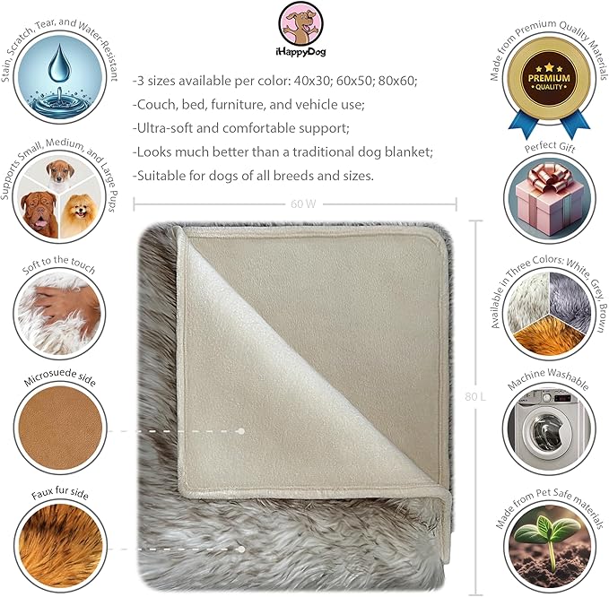 Waterproof Dog Blanket for Small, Medium & Large Dogs – Faux Fur Pet Throw for Couch, Sofa, Bed & Car – Soft, Washable, Stain-Resistant, Durable Cover – White w/Brown Tips – 80" x 60"