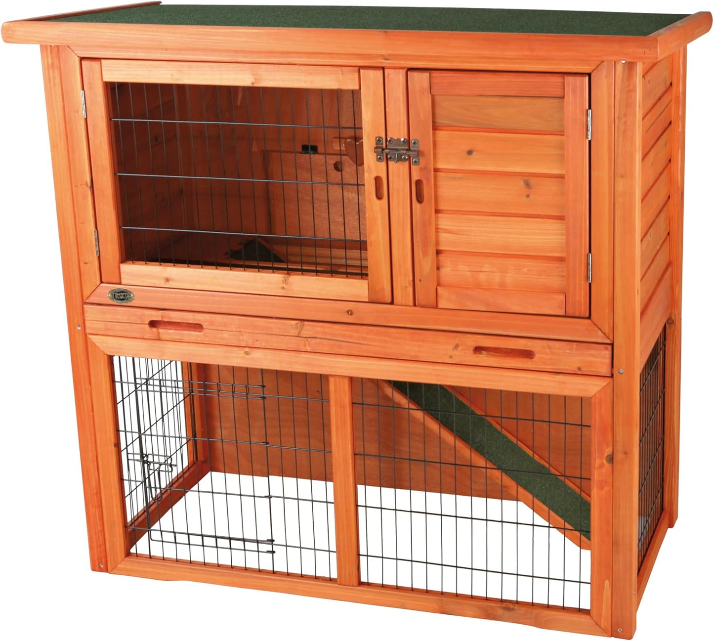 TRIXIE natura Outdoor Rabbit Hutch with Run - 2-Story Rabbit Cage with Non-Slip Ramp - Medium Elevated Small Animal House with Secure Playpen, Hinged Roof & Pull-Out Tray - in Brown