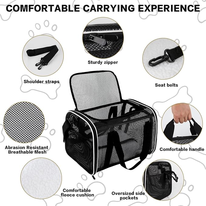 Cat Carrier, Soft-Sided Pet Carrier Bag, Breathable Mesh, Black (White, 20 * 13 * 13)