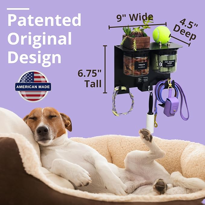 Dog Treat Holder for Wall Storage for Pets, Premium Pet Wall Organizer, Includes Two 16oz Airtight Dog Treat Jars, 3 Sets of Triple Hooks, Sturdy Shelf in Modern Black