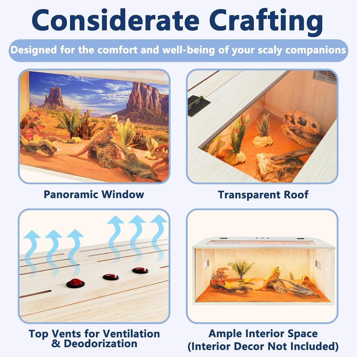 Prolee Reptile Terrarium, Lizard Tank Up to 68 Gallons, Bearded Dragon Tank with Roof Door, Snake Tank with Built-in Lamp Fixture and Switch (68 Gallon, 48" Long, Openable Wood Roof)